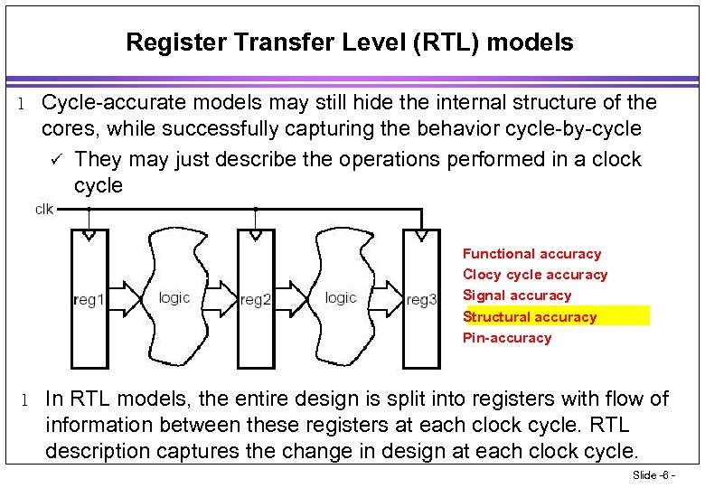 Register Transfer Level (RTL) models l Cycle-accurate models may still hide the internal structure