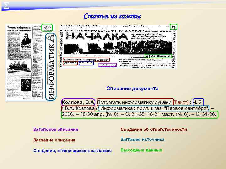 ∑ Статья из газеты Описание документа Козлова, В. А. Потрогать информатику руками [Текст] :