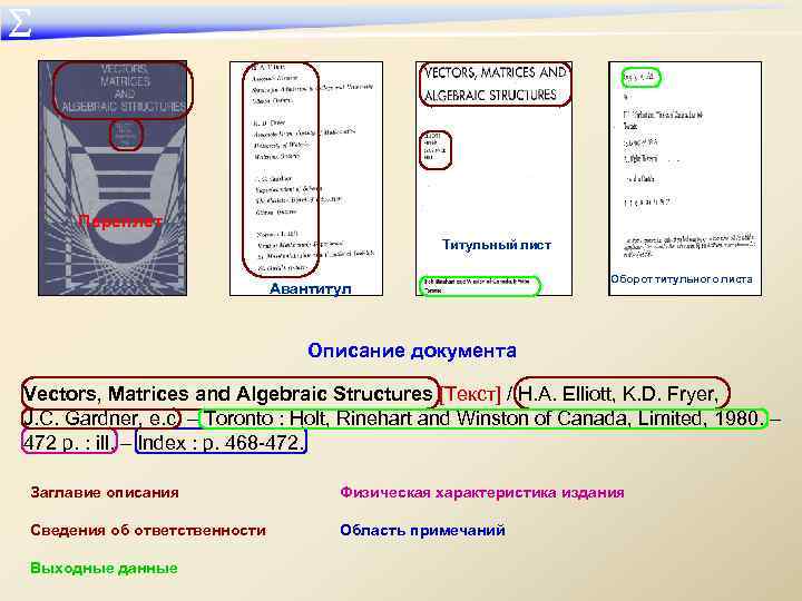 ∑ Переплет Титульный лист Авантитул Оборот титульного листа Описание документа Vectors, Matrices and Algebraic