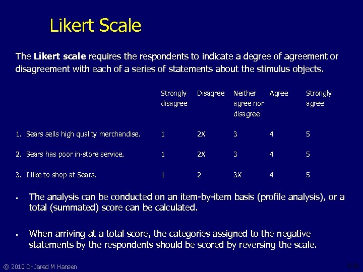 Likert Scale The Likert scale requires the respondents to indicate a degree of agreement