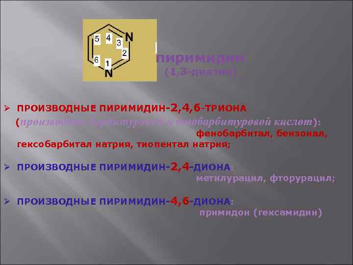 пиримидин (1, 3 -диазин) Ø ПРОИЗВОДНЫЕ ПИРИМИДИН-2, 4, 6 -ТРИОНА (производные барбитуровой и тиобарбитуровой