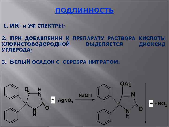 ПОДЛИННОСТЬ 1. ИК- и УФ СПЕКТРЫ; 2. ПРИ ДОБАВЛЕНИИ К ПРЕПАРАТУ РАСТВОРА КИСЛОТЫ ХЛОРИСТОВОДОРОДНОЙ