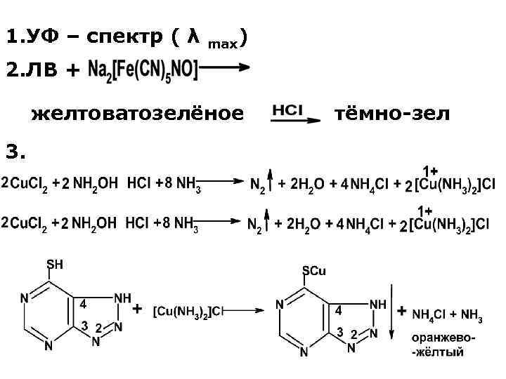 1. УФ – спектр ( λ max) 2. ЛВ + желтоватозелёное 3. тёмно-зел 