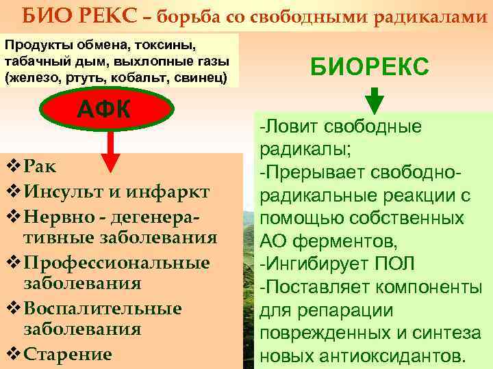БИО РЕКС – борьба со свободными радикалами Продукты обмена, токсины, табачный дым, выхлопные газы