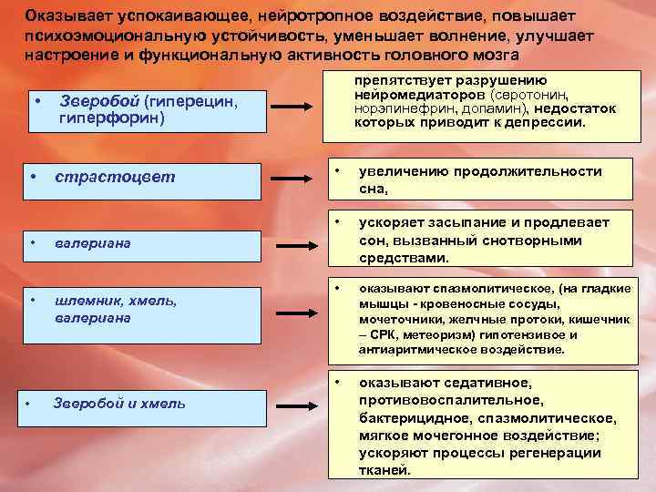Оказывает успокаивающее, нейротропное воздействие, повышает психоэмоциональную устойчивость, уменьшает волнение, улучшает настроение и функциональную активность