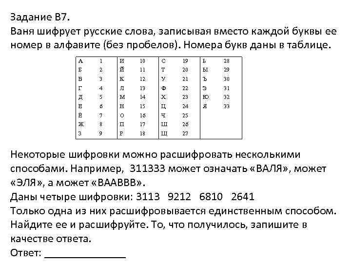 Задание В 7. Ваня шифрует русские слова, записывая вместо каждой буквы ее номер в