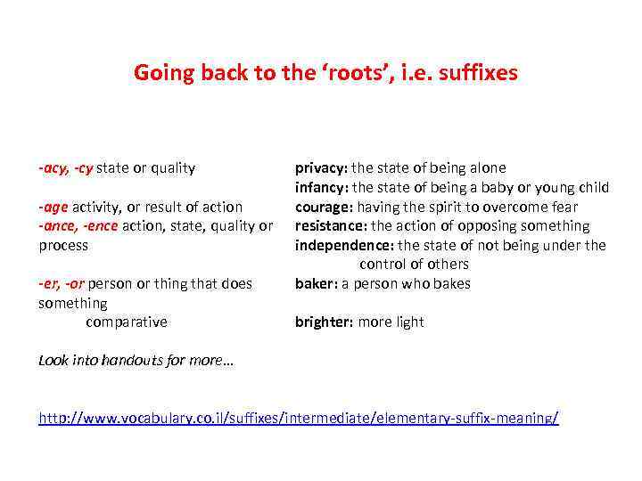 Going back to the ‘roots’, i. e. suffixes -acy, -cy state or quality -age