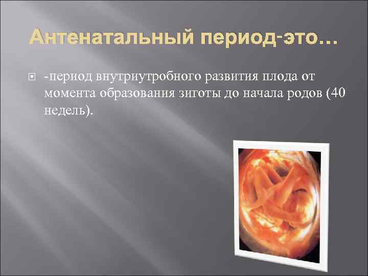 Антенатальный период-это… -период внутриутробного развития плода от момента образования зиготы до начала родов (40
