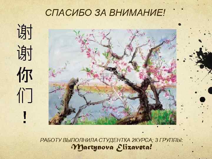 СПАСИБО ЗА ВНИМАНИЕ! 谢 谢 你 们 ！ РАБОТУ ВЫПОЛНИЛА СТУДЕНТКА 2 КУРСА; 3