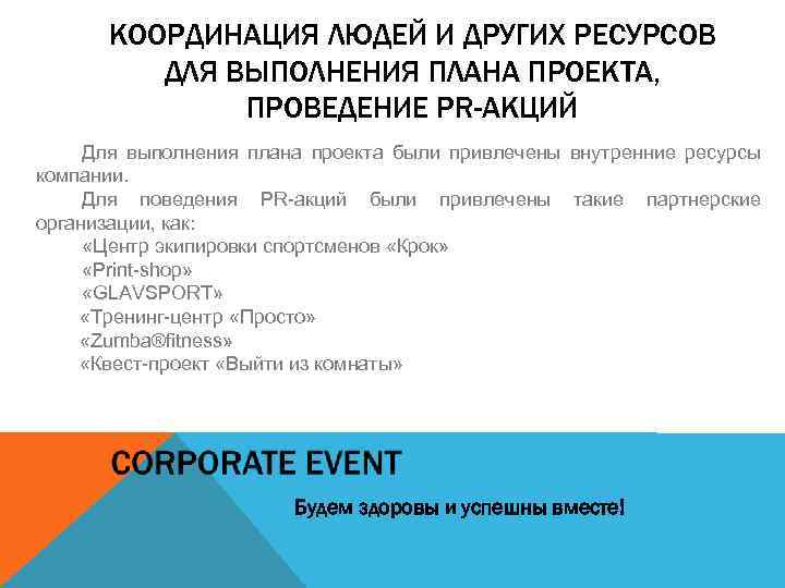 КООРДИНАЦИЯ ЛЮДЕЙ И ДРУГИХ РЕСУРСОВ ДЛЯ ВЫПОЛНЕНИЯ ПЛАНА ПРОЕКТА, ПРОВЕДЕНИЕ PR-АКЦИЙ Для выполнения плана
