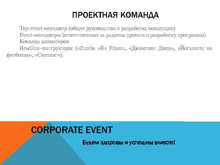 ПРОЕКТНАЯ КОМАНДА Top-event-менеджер (общее руководство и разработка концепции) Event-менеджеры (ответственные за разделы проекта и