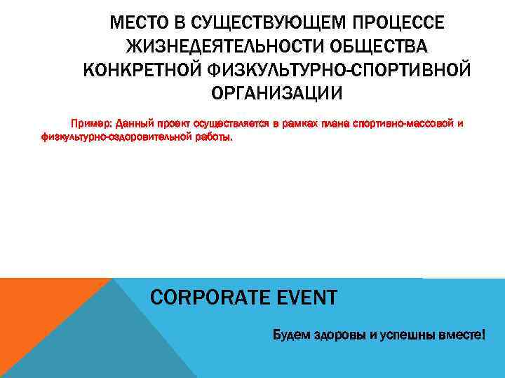 МЕСТО В СУЩЕСТВУЮЩЕМ ПРОЦЕССЕ ЖИЗНЕДЕЯТЕЛЬНОСТИ ОБЩЕСТВА КОНКРЕТНОЙ ФИЗКУЛЬТУРНО-СПОРТИВНОЙ ОРГАНИЗАЦИИ Пример: Данный проект осуществляется в