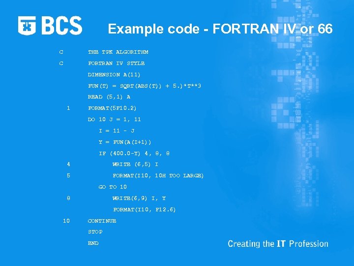 Example code - FORTRAN IV or 66 C THE TPK ALGORITHM C FORTRAN IV