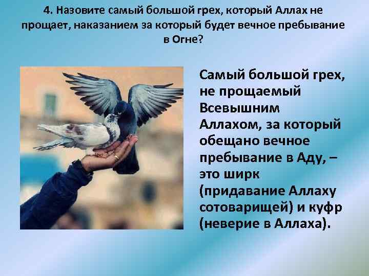 4. Назовите самый большой грех, который Аллах не прощает, наказанием за который будет вечное