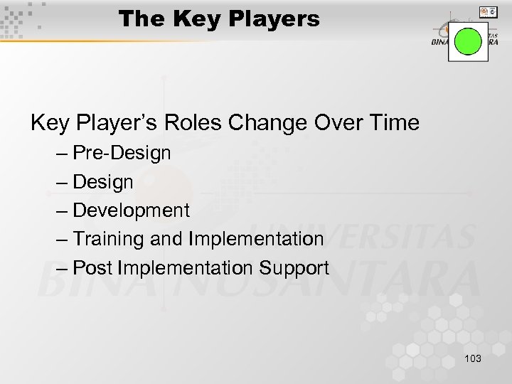 The Key Players Key Player’s Roles Change Over Time – Pre-Design – Development –