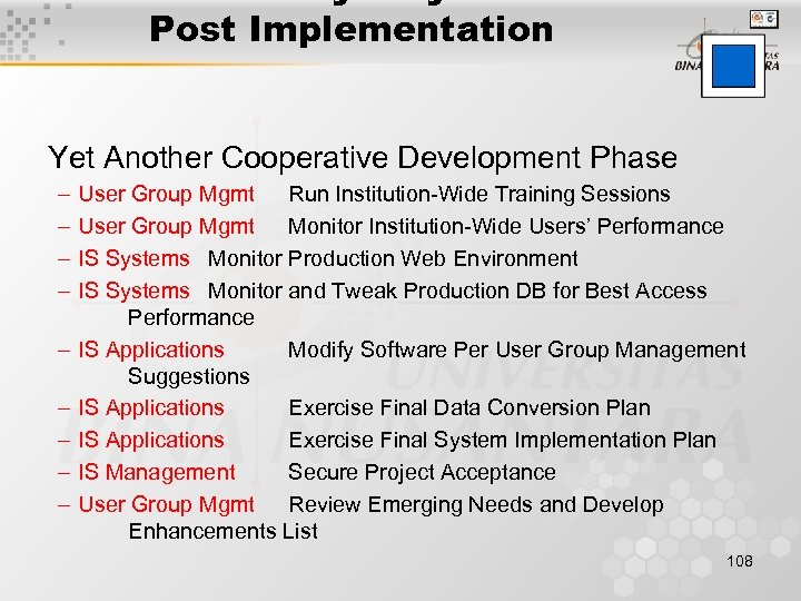 Post Implementation Yet Another Cooperative Development Phase – – – – – User Group