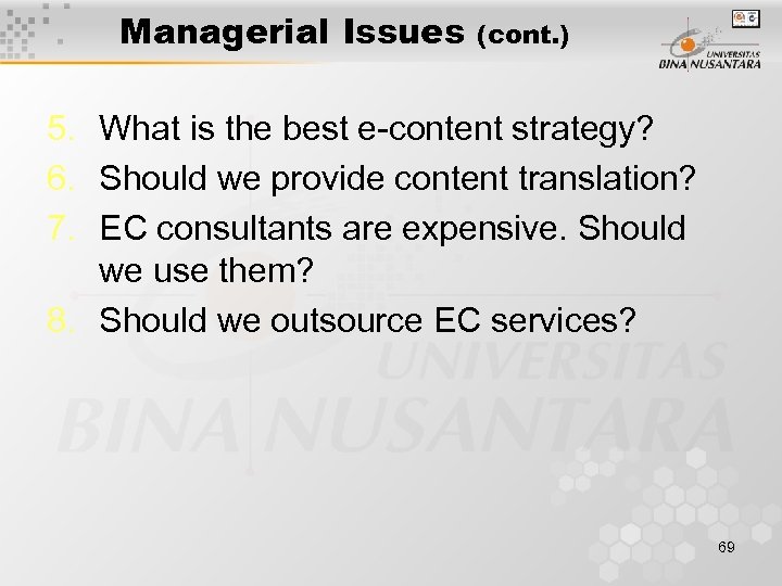 Managerial Issues (cont. ) 5. What is the best e-content strategy? 6. Should we