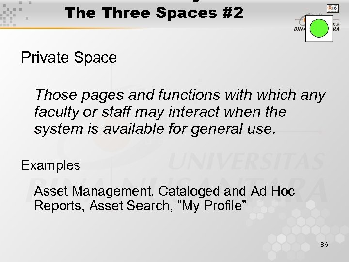 The Three Spaces #2 Private Space Those pages and functions with which any faculty