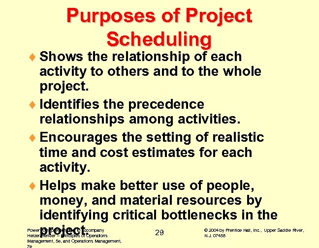 Purposes of Project Scheduling ¨ Shows the relationship of each activity to others and
