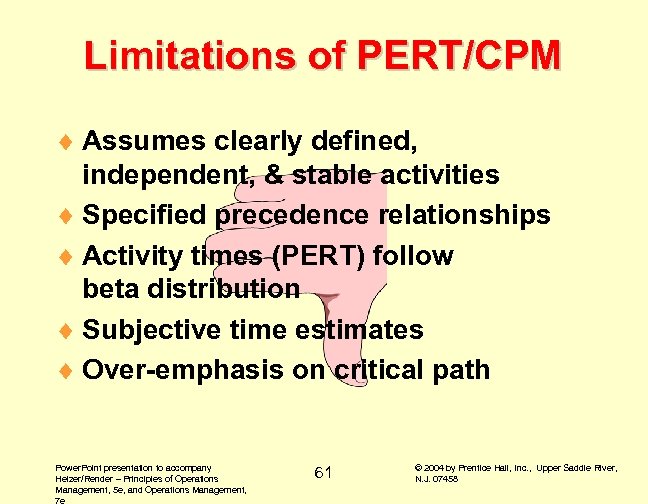 Limitations of PERT/CPM ¨ Assumes clearly defined, independent, & stable activities ¨ Specified precedence