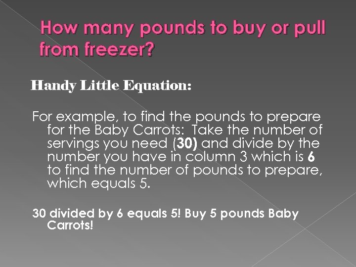 How many pounds to buy or pull from freezer? Handy Little Equation: For example,