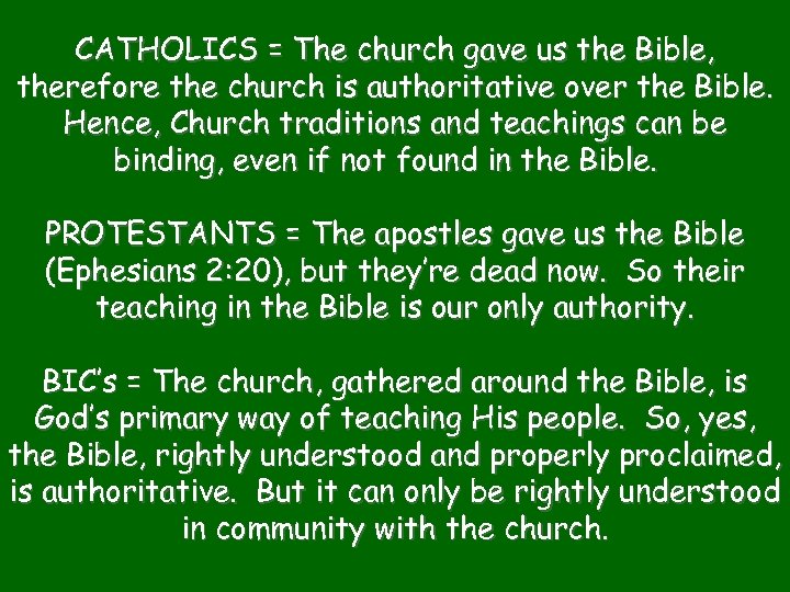 CATHOLICS = The church gave us the Bible, therefore the church is authoritative over