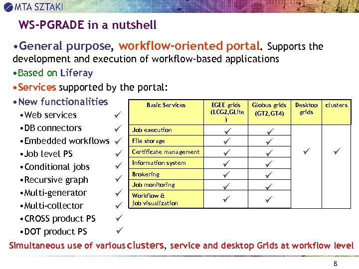 WS-PGRADE in a nutshell • General purpose, workflow-oriented portal. Supports the development and execution