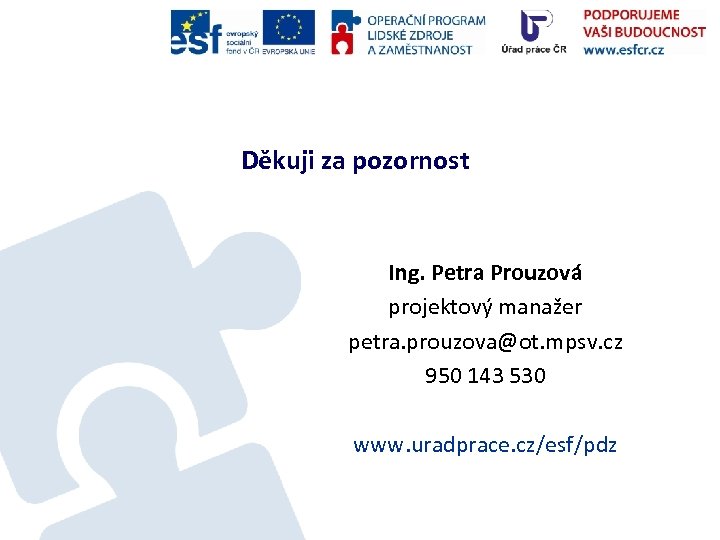 Děkuji za pozornost Ing. Petra Prouzová projektový manažer petra. prouzova@ot. mpsv. cz 950 143