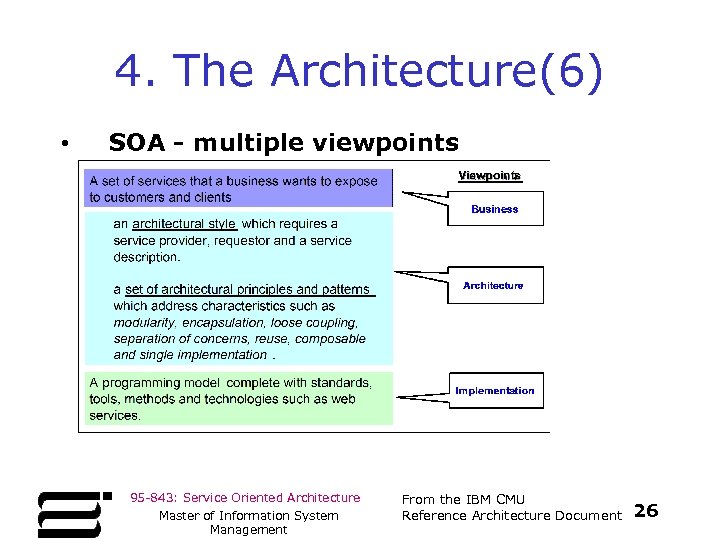 4. The Architecture(6) • SOA - multiple viewpoints 95 -843: Service Oriented Architecture Master
