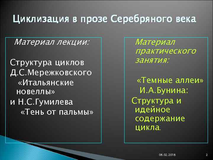 Циклизация в прозе Серебряного века Материал лекции: Структура циклов Д. С. Мережковского «Итальянские новеллы»