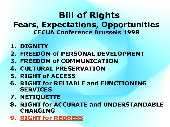 Bill of Rights Fears, Expectations, Opportunities CECUA Conference Brussels 1998 1. 2. 3. 4.