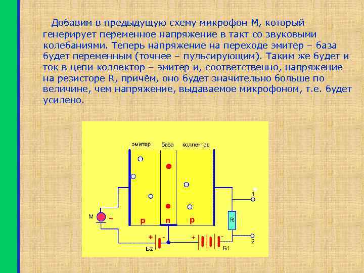 Добавим в предыдущую схему микрофон М, который генерирует переменное напряжение в такт со звуковыми