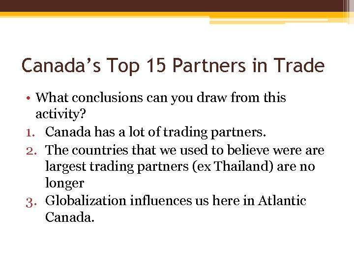 Canada’s Top 15 Partners in Trade • What conclusions can you draw from this