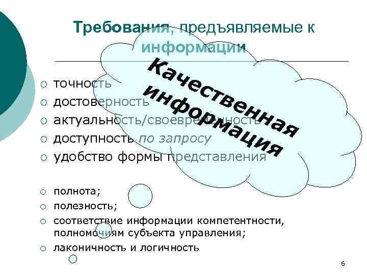 Требования, предъявляемые к информации Ка че ¡ точность ин ств ¡ достоверность фо ен