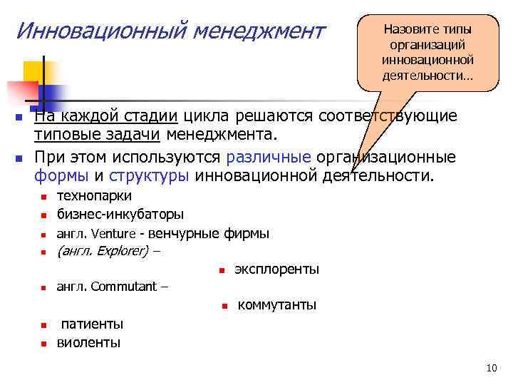 Инновационный менеджмент n n Назовите типы организаций инновационной деятельности… На каждой стадии цикла решаются