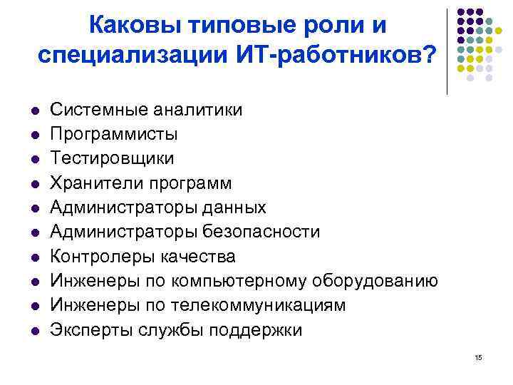 Каковы типовые роли и специализации ИТ-работников? l l l l l Системные аналитики Программисты