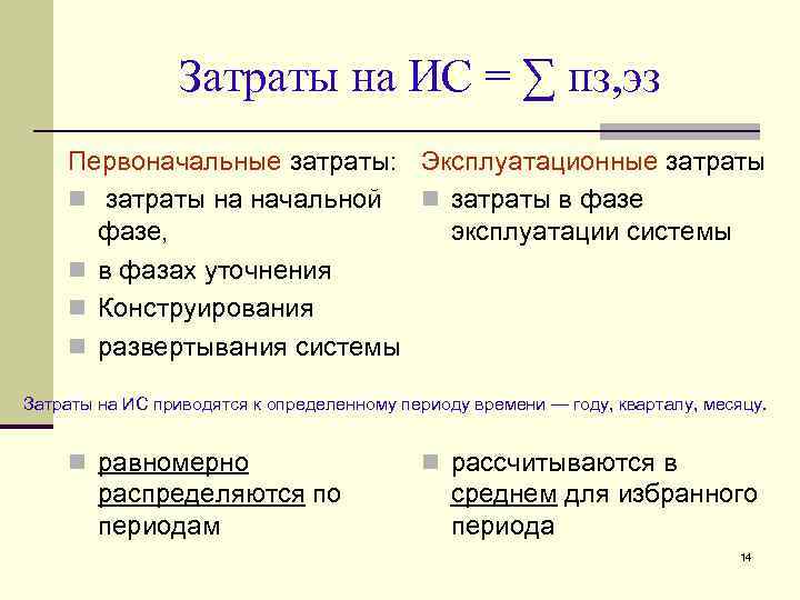 Затраты на ИС = ∑ пз, эз Первоначальные затраты: Эксплуатационные затраты n затраты на