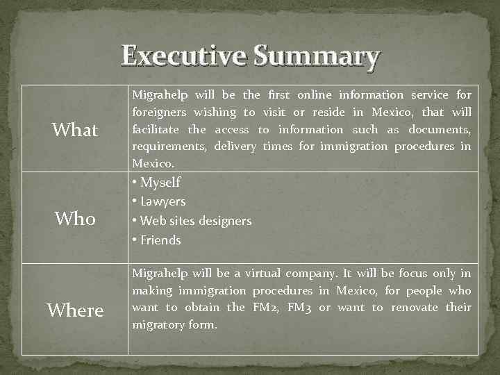Executive Summary What Who Where Migrahelp will be the first online information service foreigners