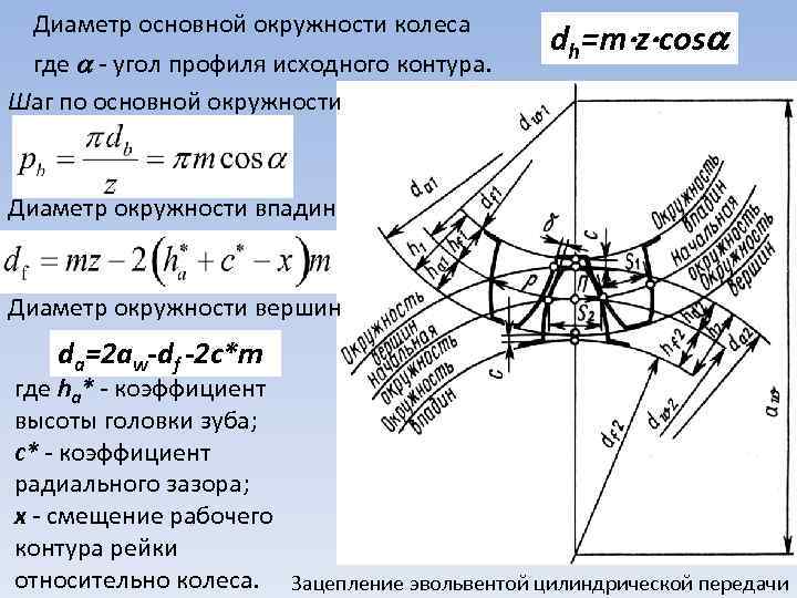 Диаметр основной окружности колеса где - угол профиля исходного контура. Шаг по основной окружности