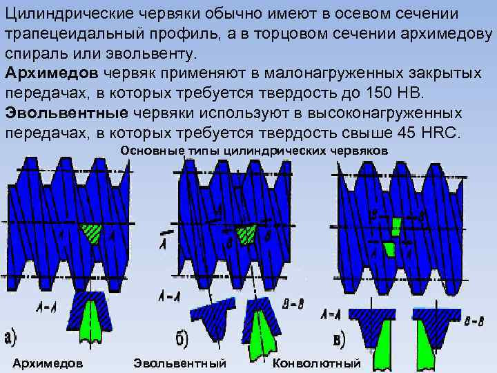 Профили червяков. Эвольвентный червяк. Архимедов эвольвентный и конволютный червяк. Архимедов червяк профиль. Цилиндрический архимедов червяк.