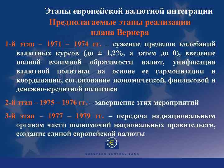 Этапы европейской валютной интеграции Предполагаемые этапы реализации плана Вернера 1 -й этап – 1971