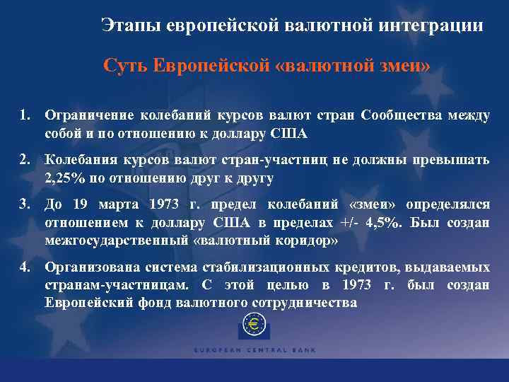 Этапы европейской валютной интеграции Суть Европейской «валютной змеи» 1. Ограничение колебаний курсов валют стран