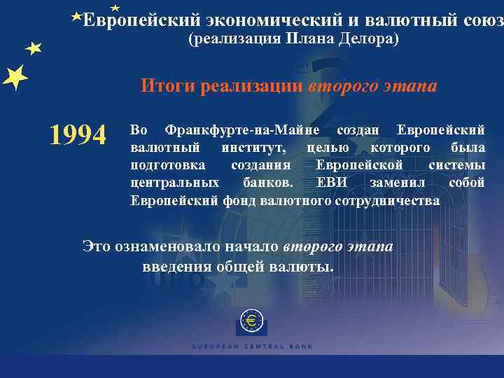 Европейский экономический и валютный союз (реализация Плана Делора) Итоги реализации второго этапа 1994 Во