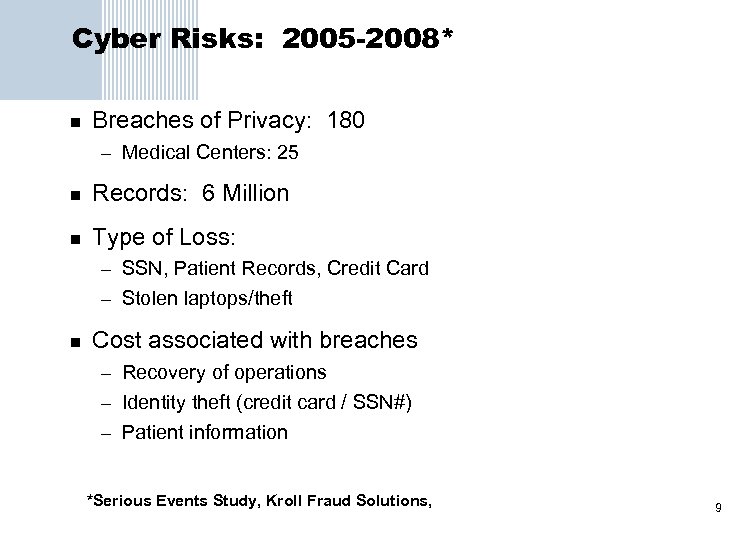 Cyber Risks: 2005 -2008* n Breaches of Privacy: 180 – Medical Centers: 25 n