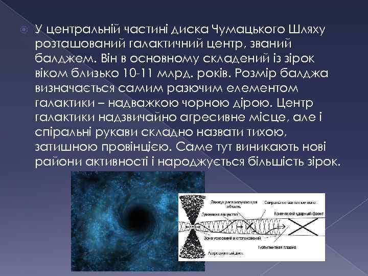  У центральній частині диска Чумацького Шляху розташований галактичний центр, званий балджем. Він в