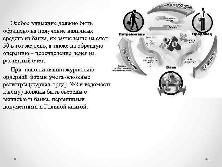 Особое внимание должно быть обращено на получение наличных средств из банка, их зачисление на