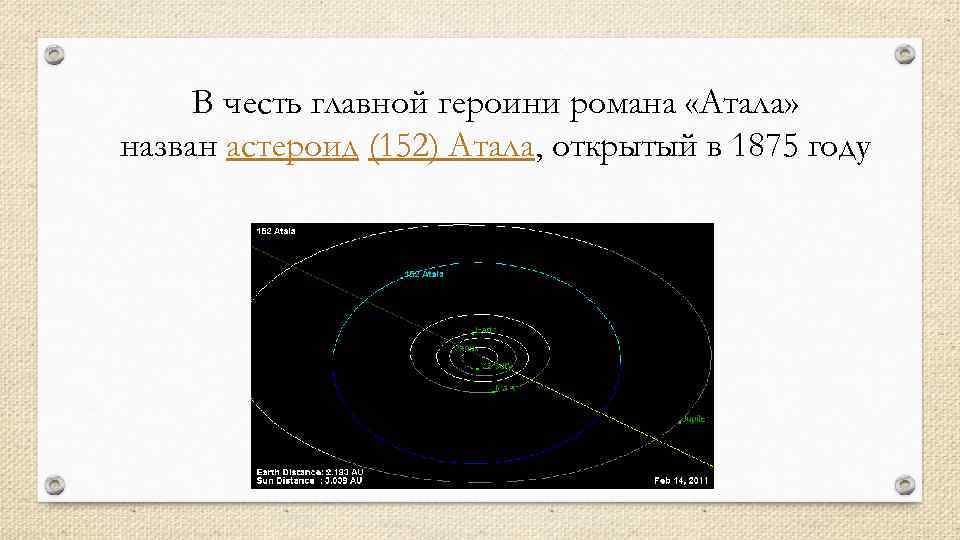 В честь главной героини романа «Атала» назван астероид (152) Атала, открытый в 1875 году
