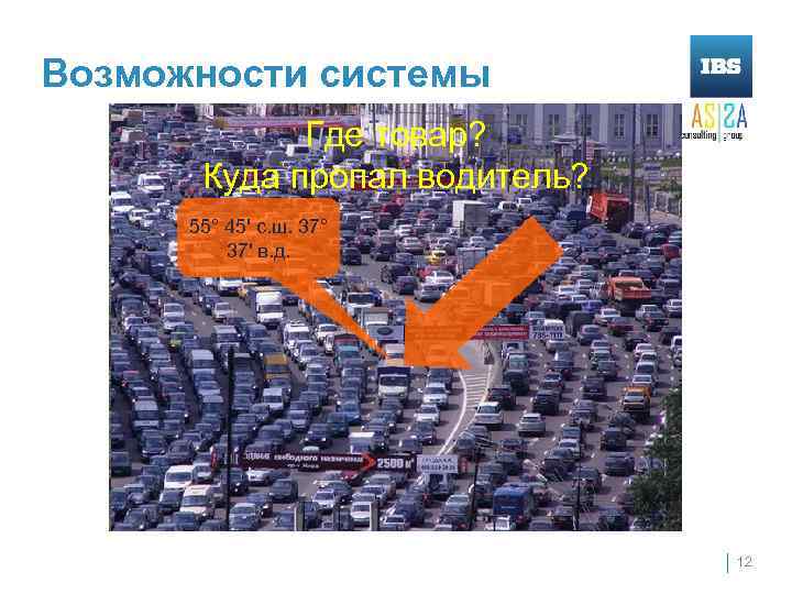 Возможности системы Где товар? Куда пропал водитель? 55° 45' с. ш. 37° 37' в.