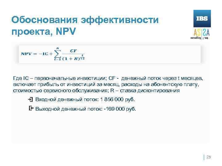 Обоснования эффективности проекта, NPV Где IC – первоначальные инвестиции; CF - денежный поток через