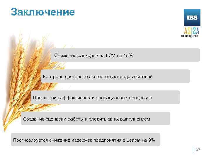 Заключение Снижение расходов на ГСМ на 15% Контроль деятельности торговых представителей Повышение эффективности операционных